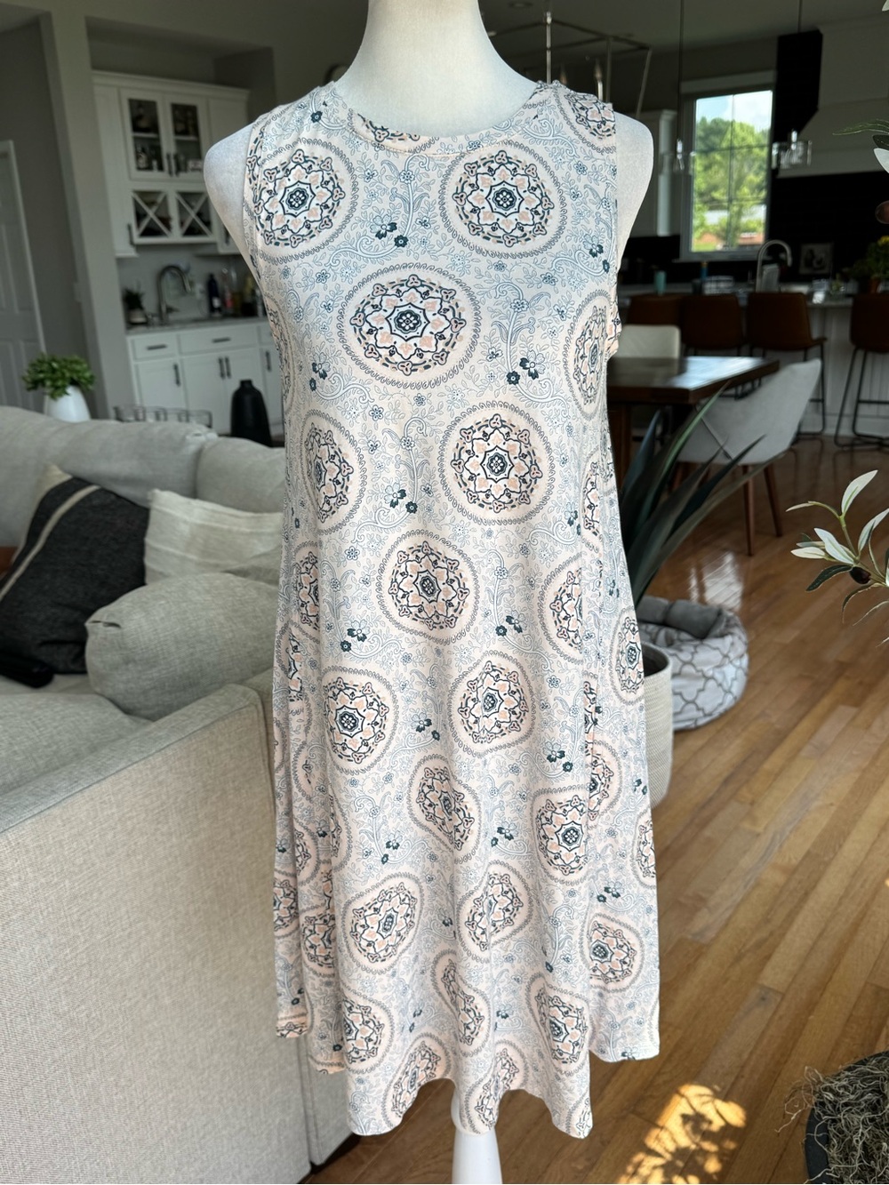 LOFT Sleeveless Midi Dress in Light Pink and Blue Medallion Print